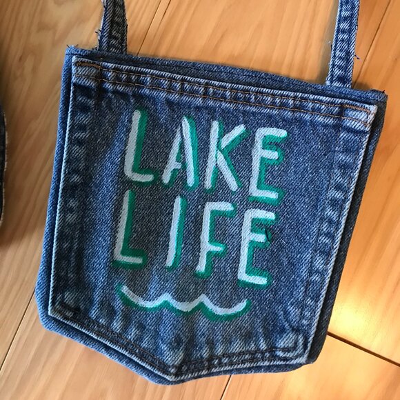 Handmade Crossbody Denim Bag: Painted Lake Life Cell Phone Jean Pocket Purse - Picture 9 of 11